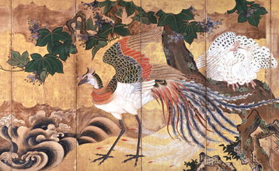 狩野派　「鳳凰図屏風」（部分）　江戸時代　紙本金地着色（六曲一双）