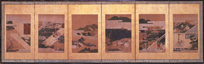 住吉派　「源氏物語図押絵貼屏風」　江戸時代　紙本着色（六曲一隻）