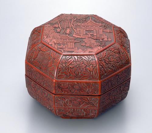 剔紅 堆朱 木製山水楼閣人物図文箱 漆器 時代物 唐物 骨董 中国