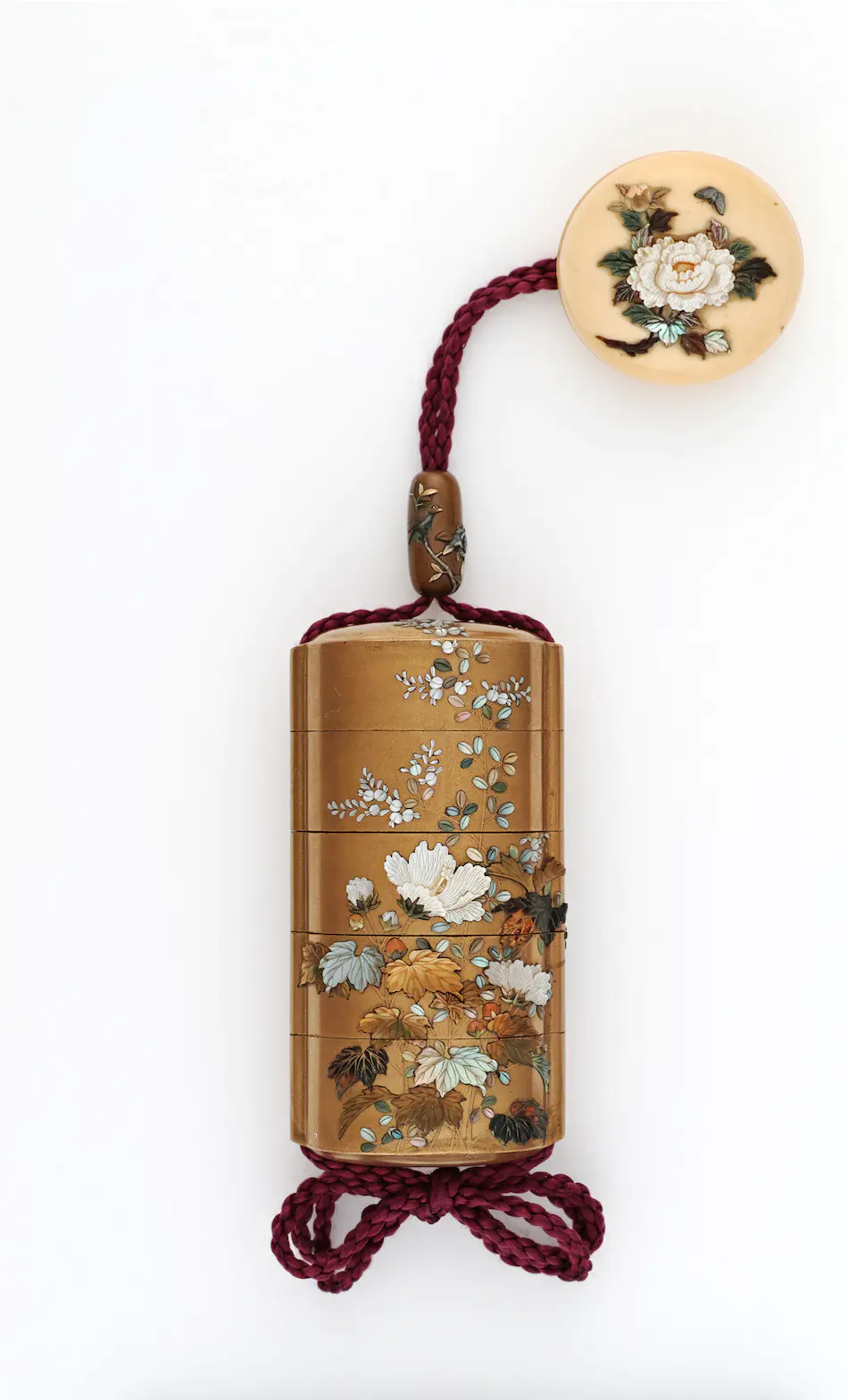 蒔絵三段印籠 在銘 花草蒔絵 金梨地 珊瑚翡翠真珠象嵌 牙根付 本珊瑚 緒締 萩芙蓉蒔絵芝山象嵌印籠 - ジャパンサーチ